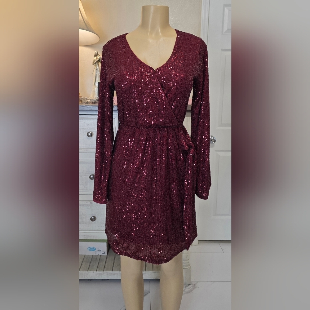 Maurices Burgundy Sequin Wrap Mini Dress - Picture 2 of 8